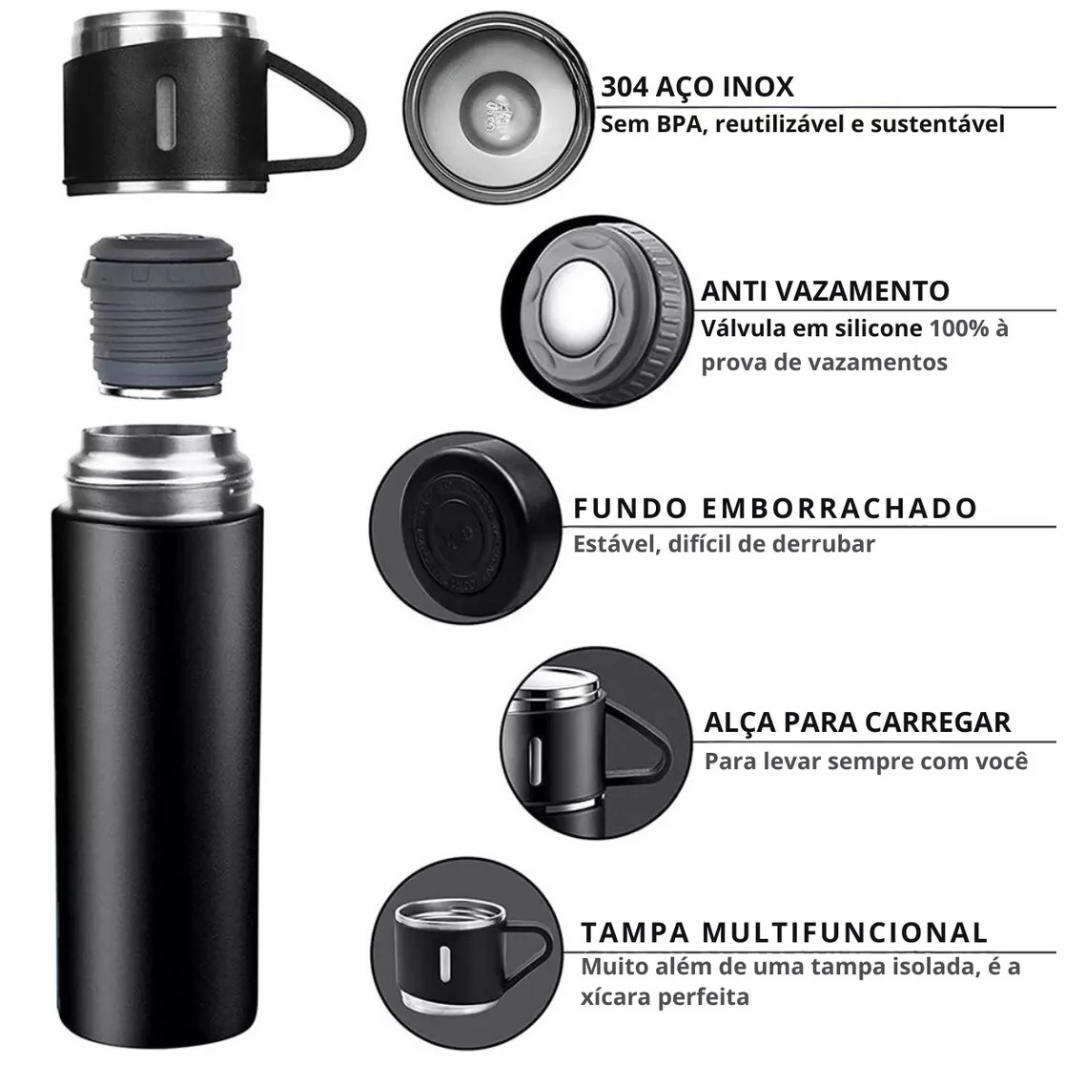Kit Garrafa Térmica 500ml + 3 Xícaras Aço Inoxidável Preto