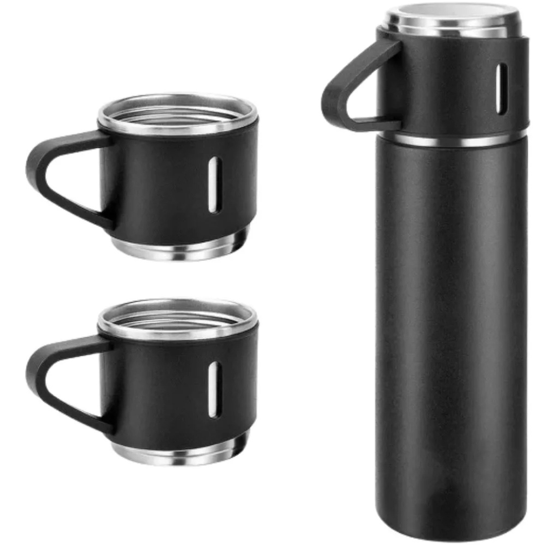 Kit Garrafa Térmica 500ml + 3 Xícaras Aço Inoxidável Preto