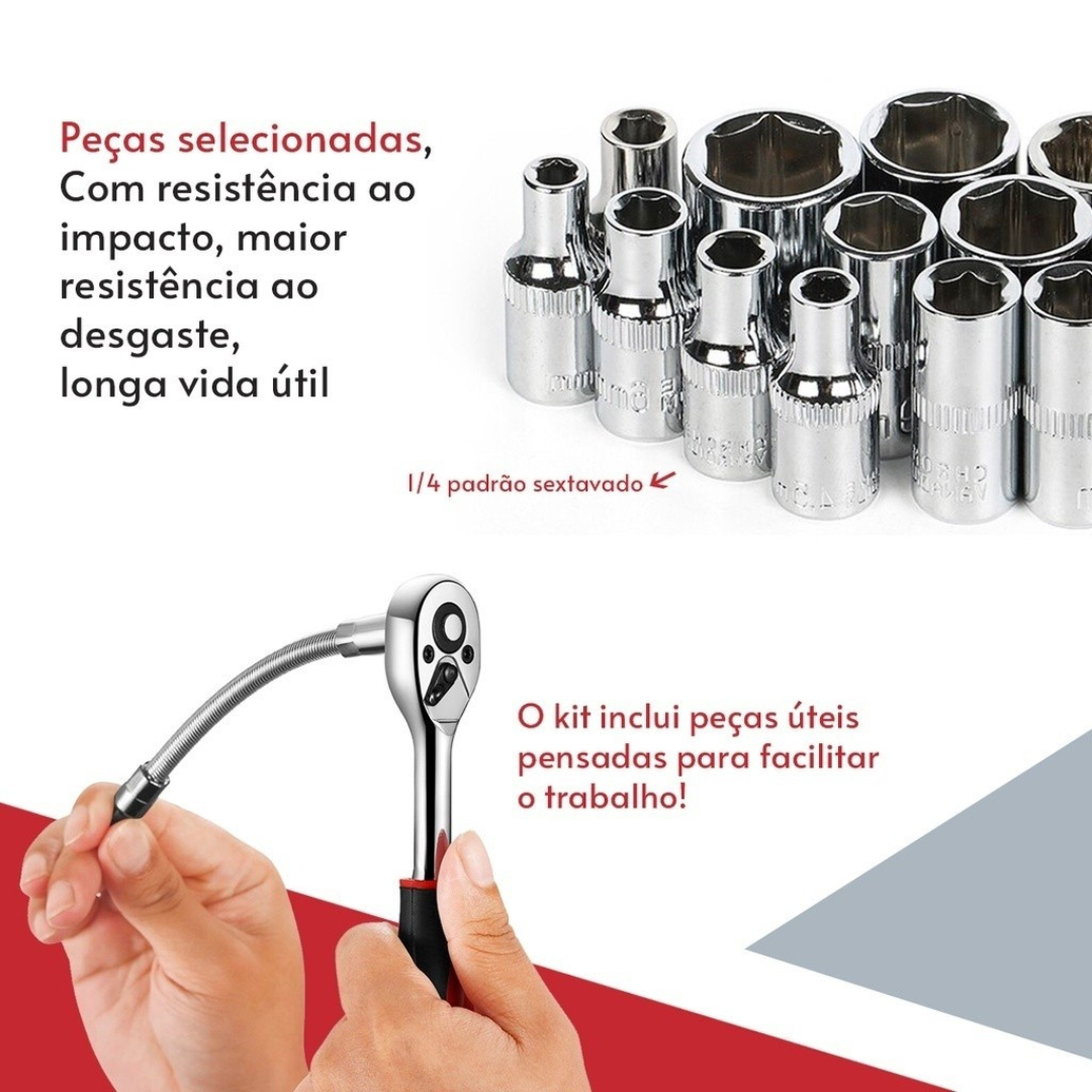 Jogo de Ferramentas com 46 Peças Soquete Aço c/ Maleta