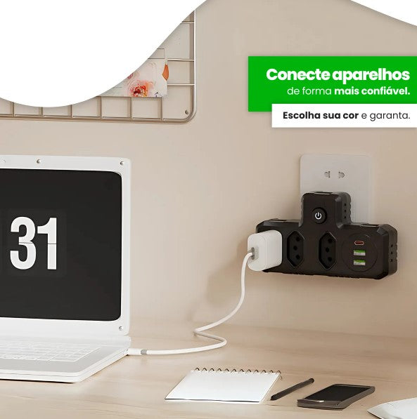 Adaptador para Tomada Benjamin (T) com USB-A e USB-C Bivolt - BM-8704A