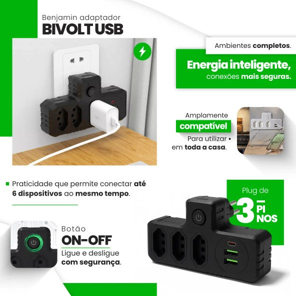 Adaptador para Tomada Benjamin (T) com USB-A e USB-C Bivolt - BM-8704A
