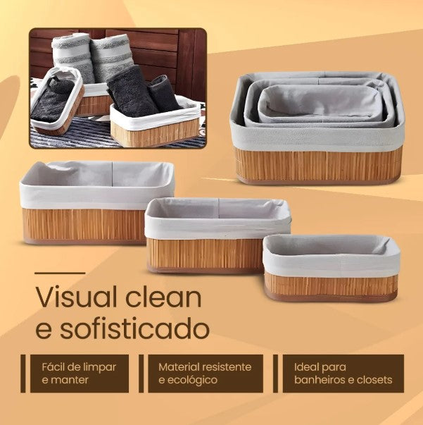 Conjunto de 3 Cestos de Bambu Organizadores Multiuso com Forro BM-F1101