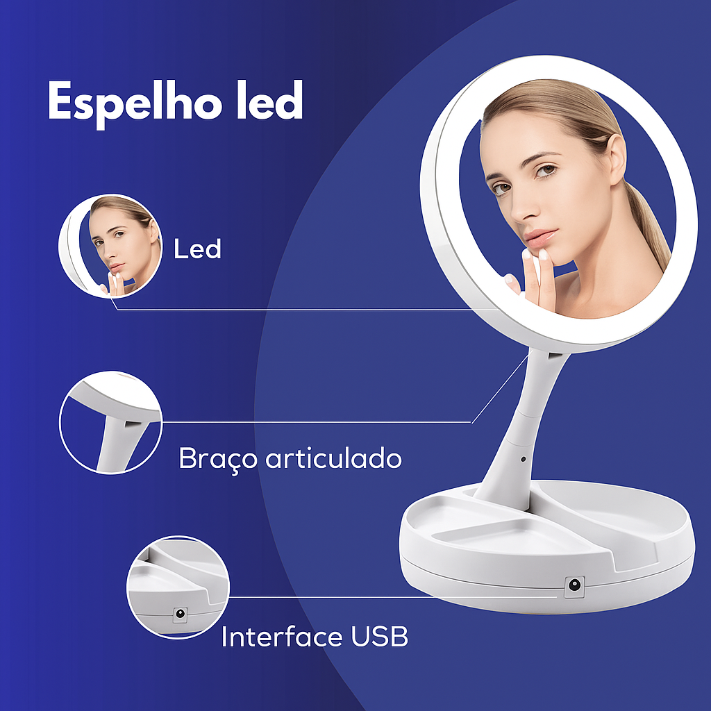 Espelho de Mesa com Luz LED Dupla Face e Zoom 10x