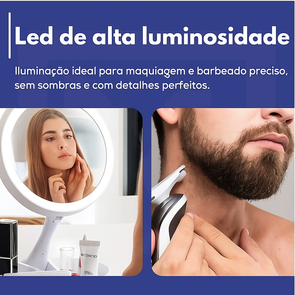 Espelho de Mesa com Luz LED Dupla Face e Zoom 10x