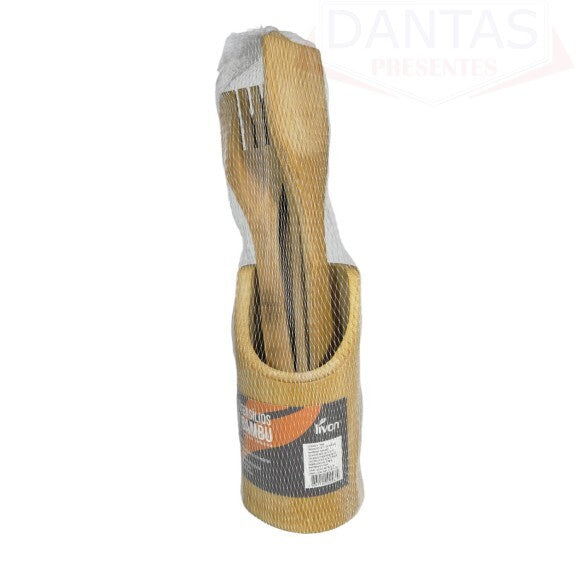 Kit Utensílios em Bambu 5 Peças com Porta-Utensílios – Livon 2568