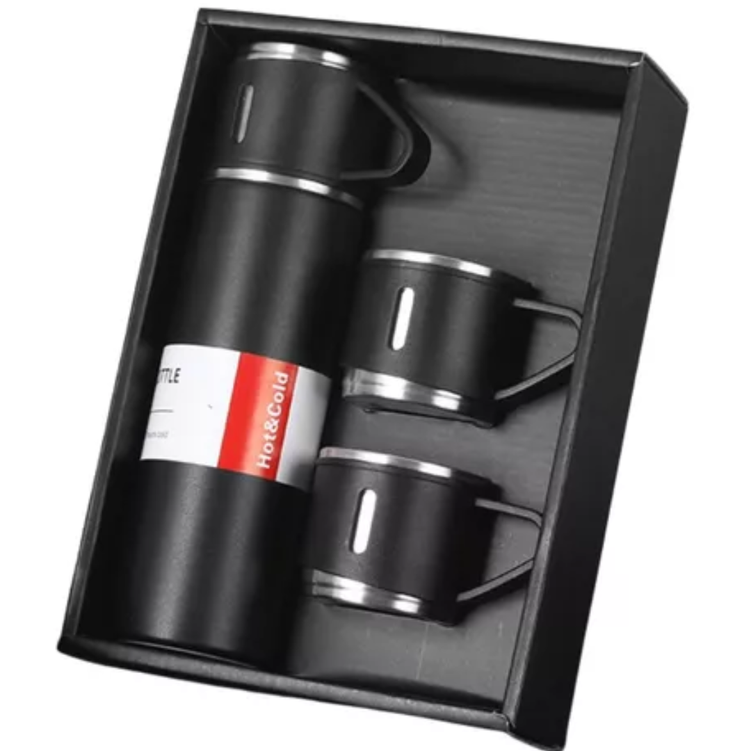 Kit Garrafa Térmica 500ml + 3 Xícaras Aço Inoxidável Preto