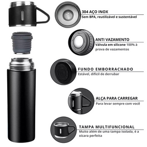 Kit Garrafa Térmica 500ml + 3 Xícaras Aço Inoxidável Preto