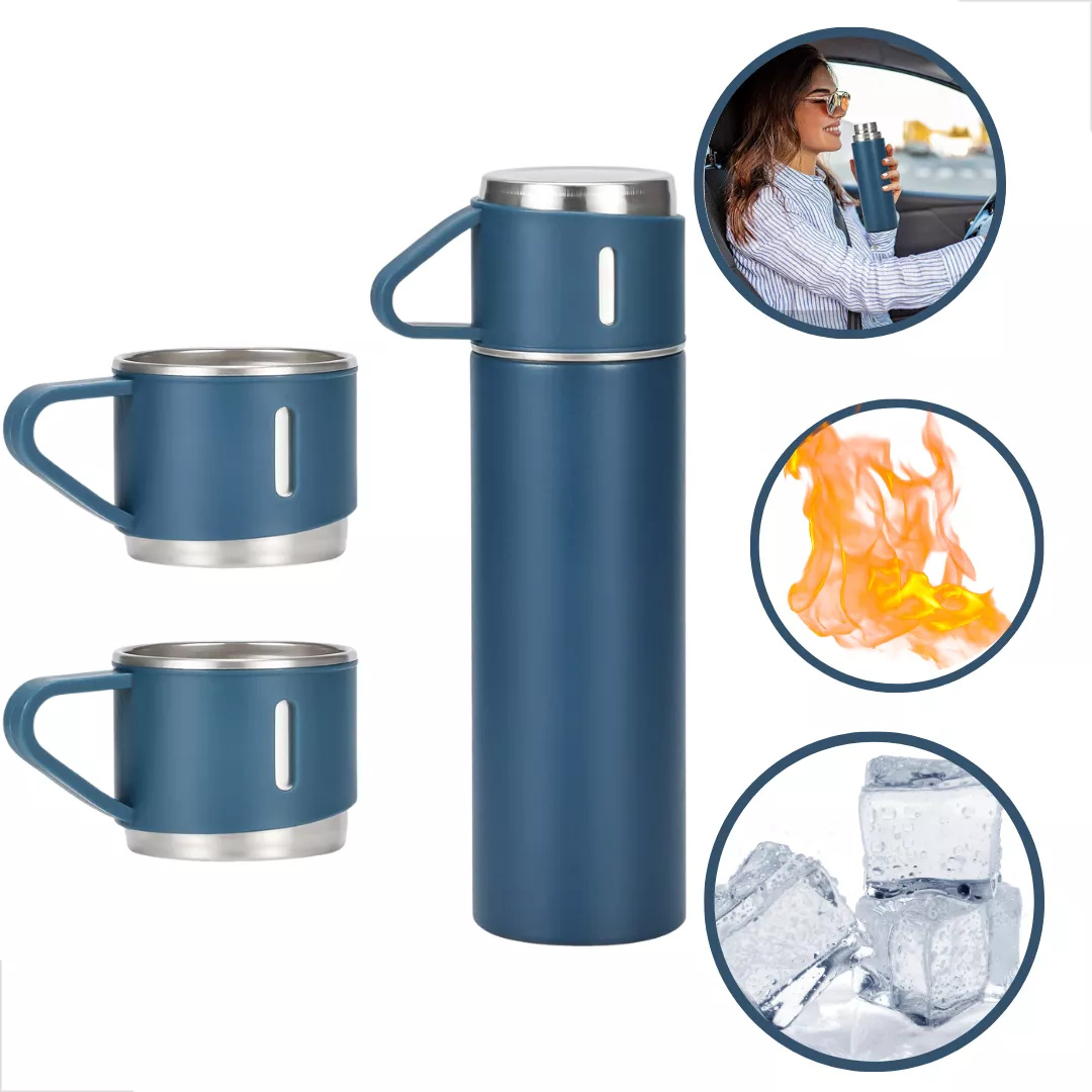 Kit Garrafa Térmica 500ml + 3 Xícaras Aço Inoxidável Azul