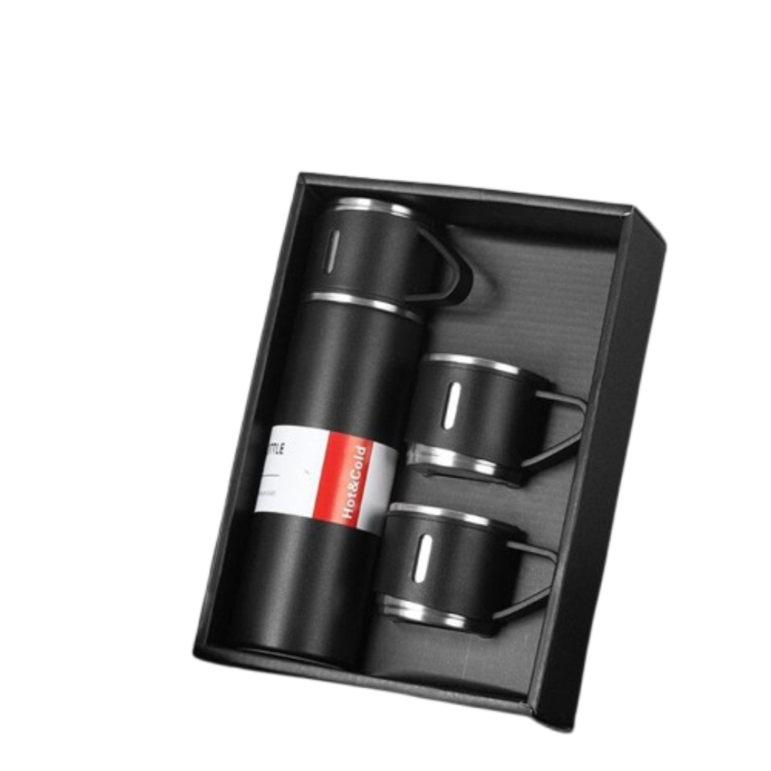 Kit Garrafa Térmica 500ml + 3 Xícaras Aço Inoxidável Preto