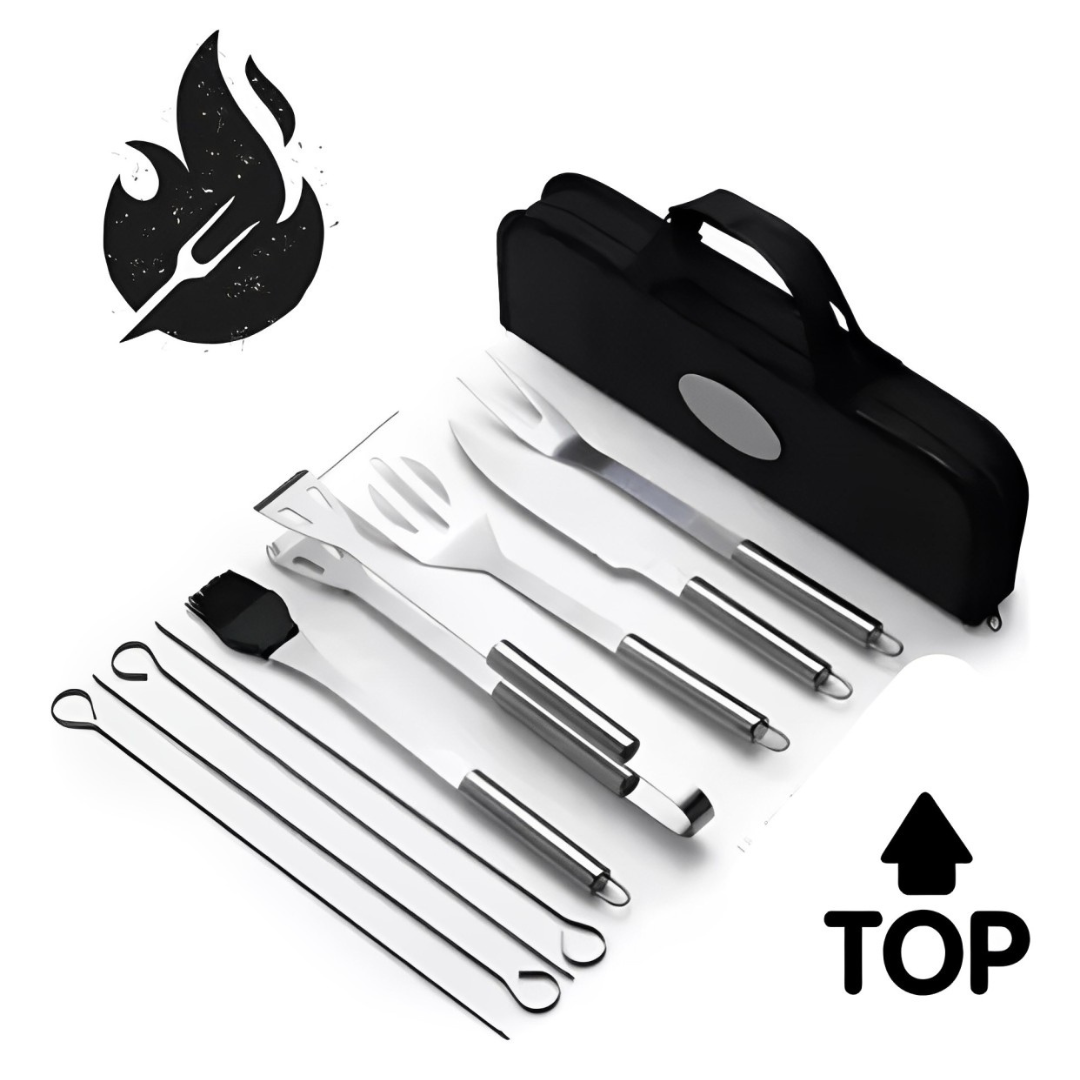 Kit Churrasco de Luxo com 9 Peças em Inox + Maleta