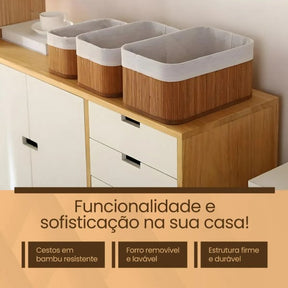 Conjunto de 3 Cestos de Bambu Organizadores Multiuso com Forro BM-F1101