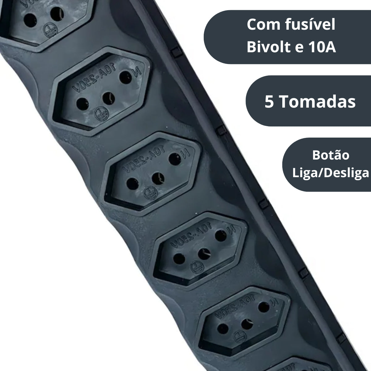 Filtro de Linha PVC Preto – 5 Tomadas com Botão Power 85cm Bivolt