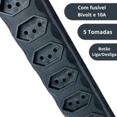 Filtro de Linha PVC Preto – 5 Tomadas com Botão Power 85cm Bivolt