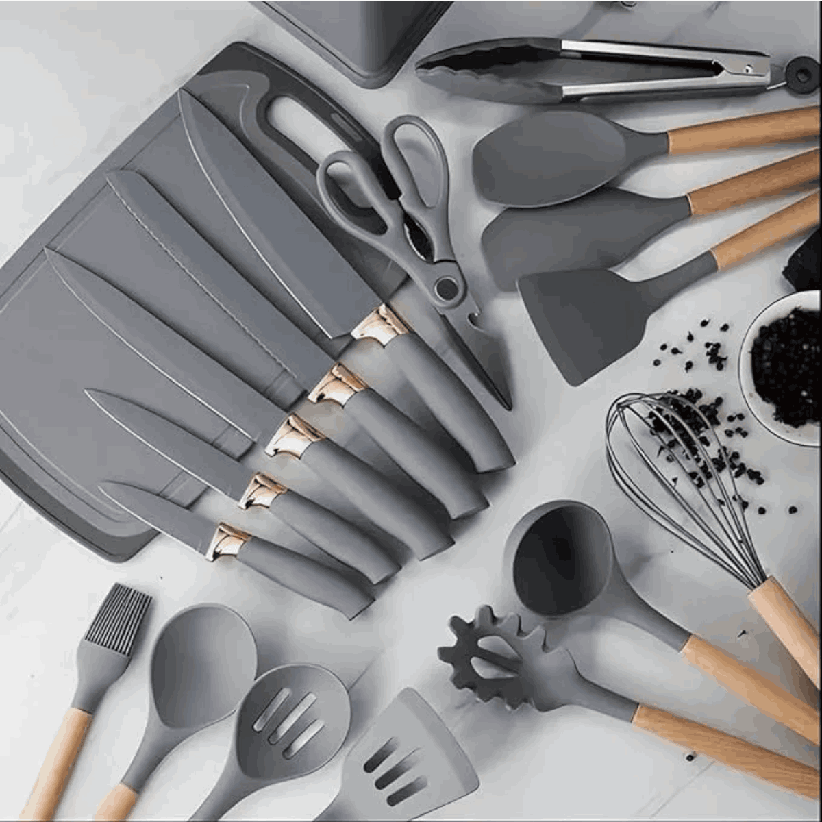 Conjunto de Utensílios de Cozinha 19 Peças com Cabo de Madeira
