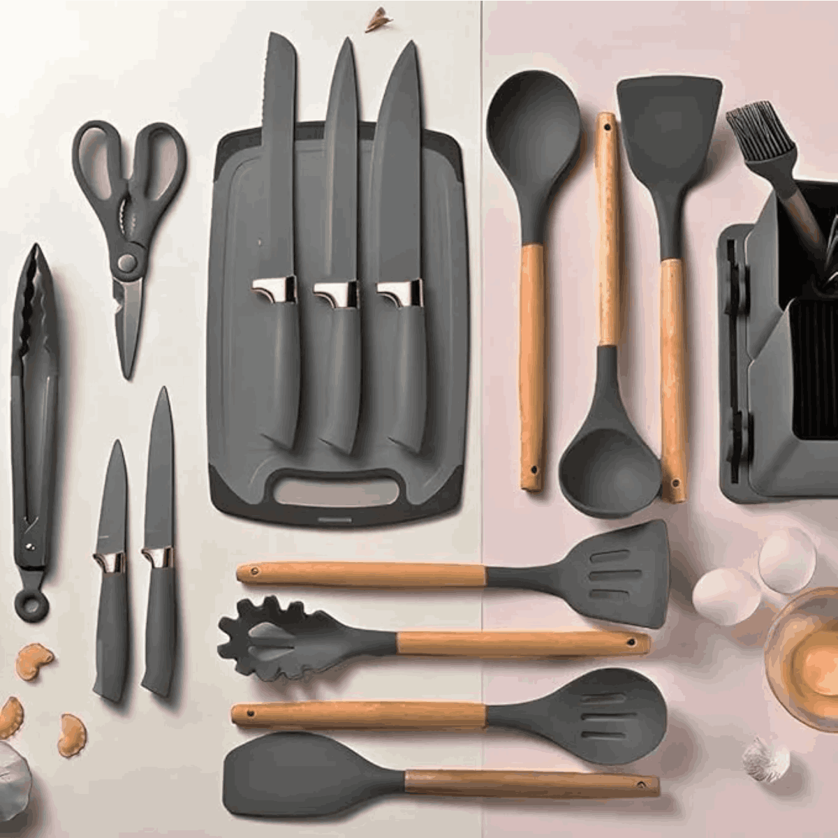Conjunto de Utensílios de Cozinha 19 Peças com Cabo de Madeira